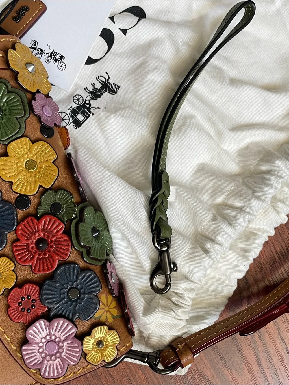 COACH Tan Floral Appliqué Leather Wristlet Clutch with Multicolor Flowers